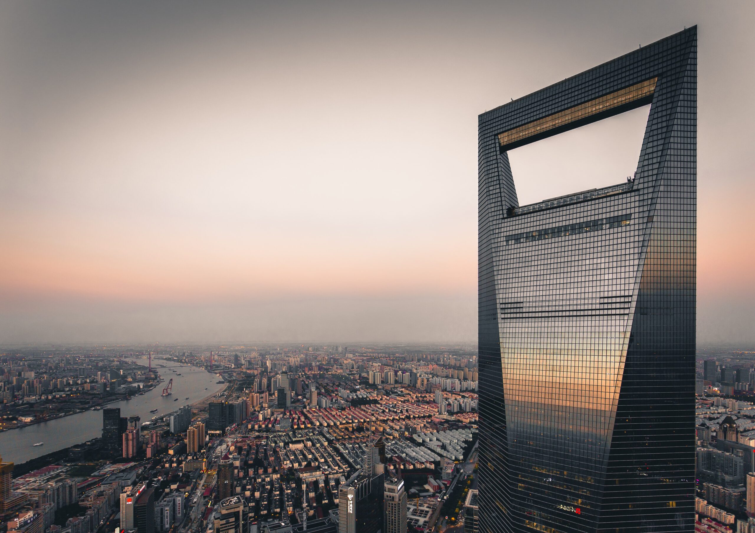 this shot of swfc, the 2nd tallest building in shanghai, was done from the rooftop of jin mao tower